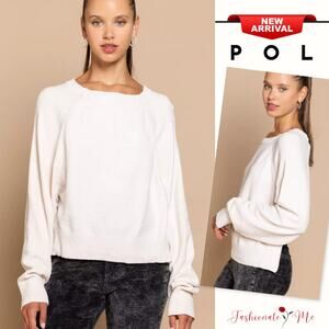 POL Round Neck Long Sleeves Backless Design Relaxed Ribbed Edge Sweater | Cream